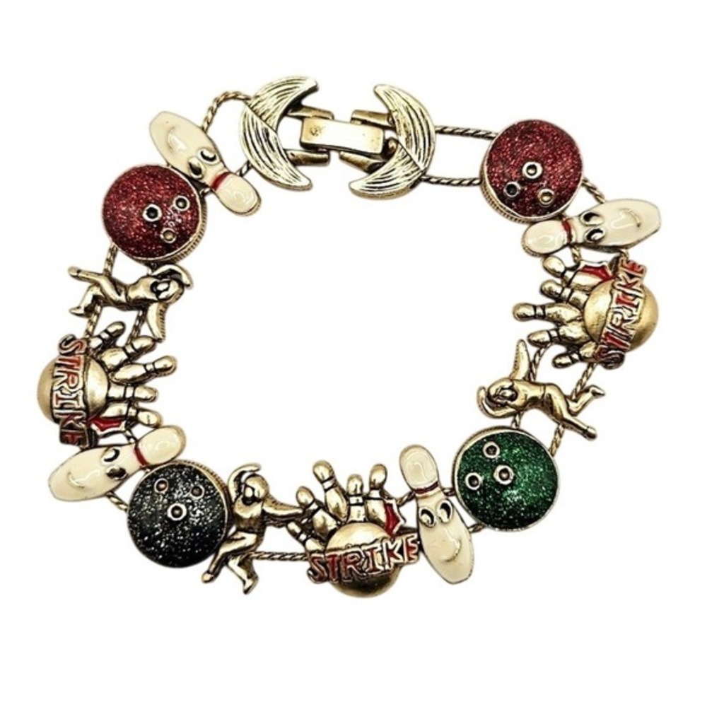 Vintage Bowling Bracelet Novelty Gold Tone Red Green Strike Sport Pins Ball